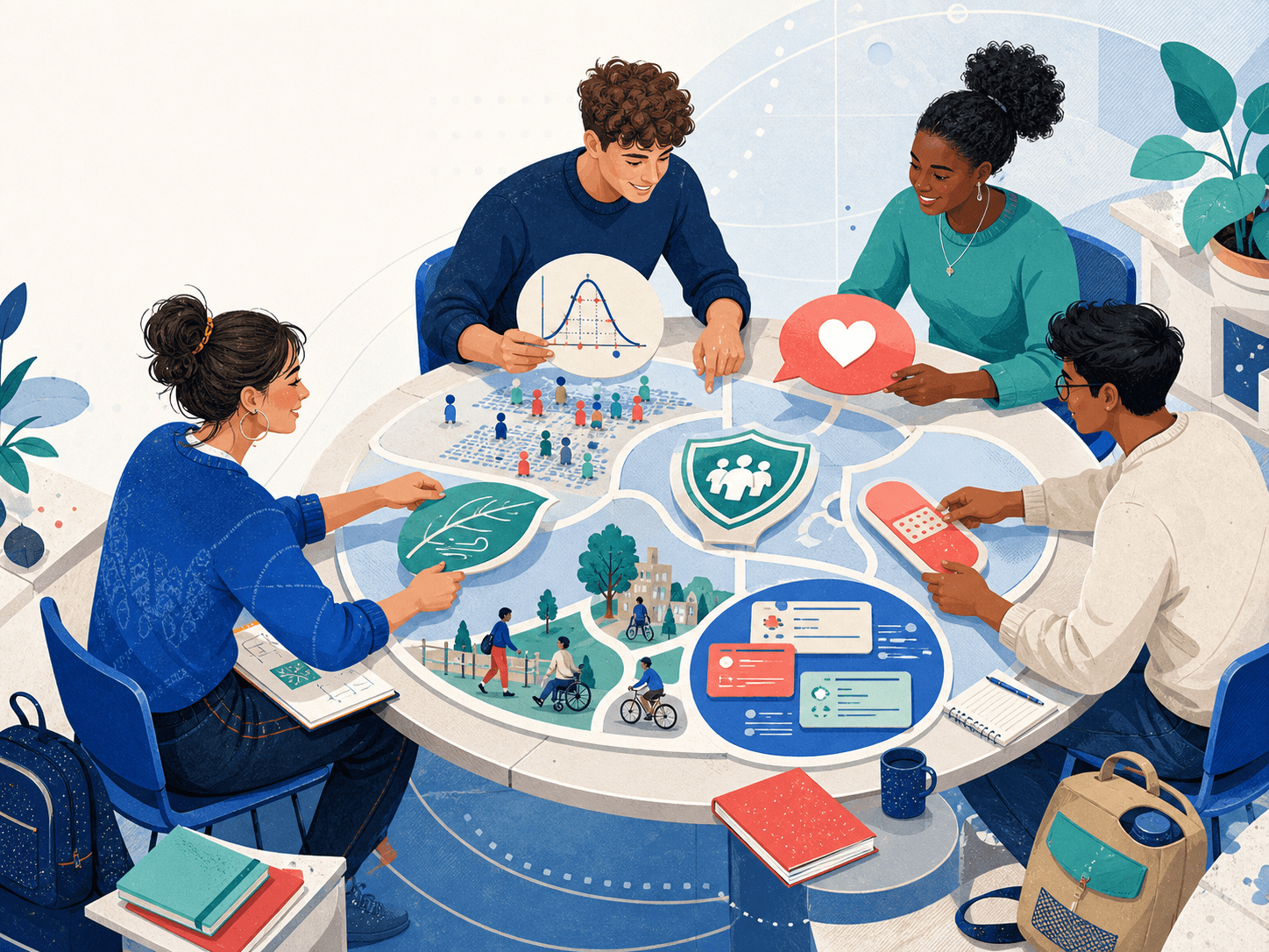 Vier Studierende planen gemeinsam ihren Studienalltag.